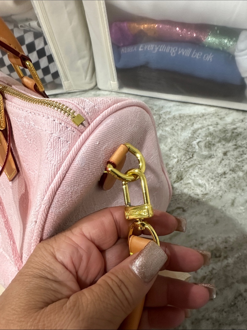 Pink Denim Satchel Handbag with Tan Trim. Nice condition - Picture 10 of 12